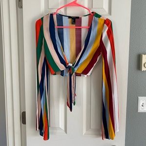 Long sleeve rainbow striped tie front top